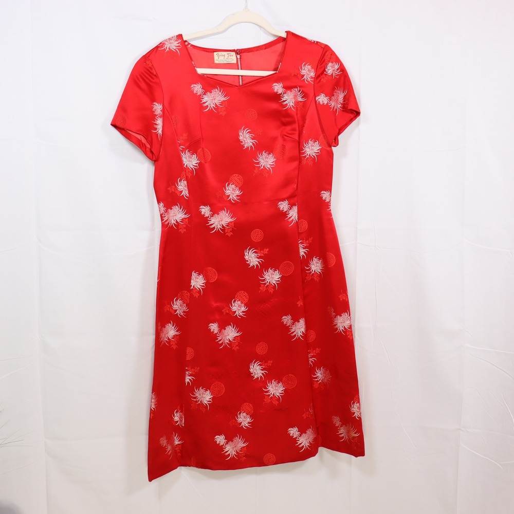 Ying Tai Red Silk Floral Cheongsam Dress Medium Red Womens Vintage Qipao